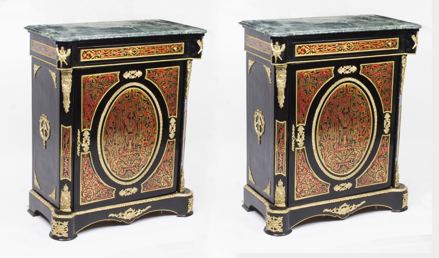 Pair Fantastic Marble Topped Boulle Ebonised Pier Side Cabinets 20thC | Ref. no. 01261 | Regent Antiques