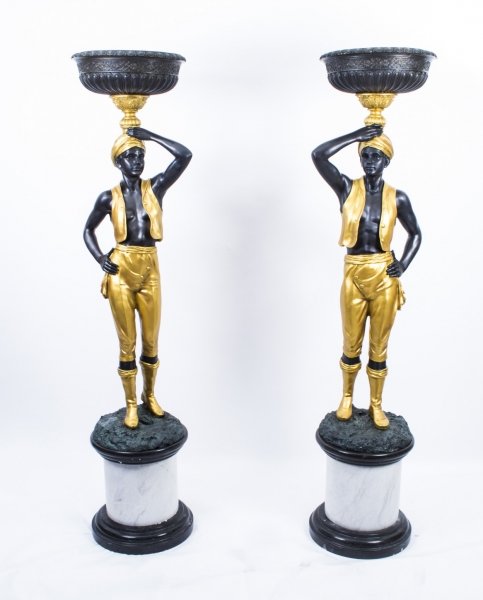Pair Huge Gilded Bronze Blackamoor Jardinieres on Marble Bases | Ref. no. 01275 | Regent Antiques