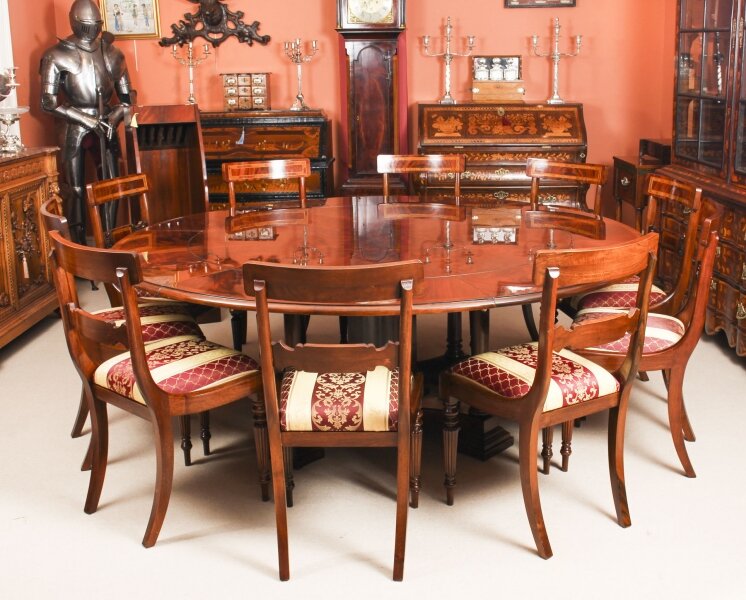 Bespoke 7ft Regency Flame Mahogany Jupe Dining Table & 10 chairs 21st C | Ref. no. 01393c | Regent Antiques
