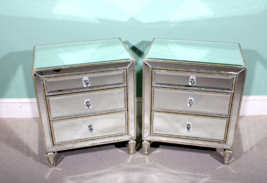 Pair Art Deco Style Mirrored Bedside Tables Chests Ref No 01521 Ref 01521