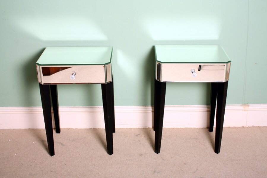 Pair Mirrored & Ebony Bedside Tables 1950s Style | Ref. no. 01704 | Regent Antiques