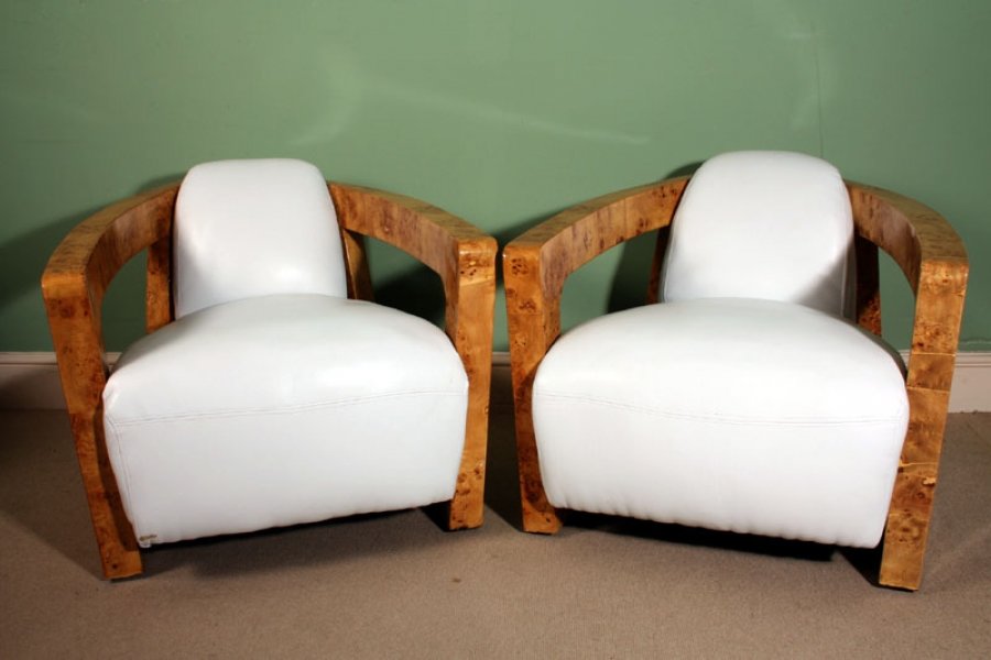Pair Art Deco Birdseye Maple White Leather Armchairs | Ref. no. 01718 | Regent Antiques