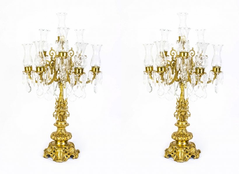 Huge Pair Italian Gilded Bronze Crystal Candelabras Lamps | Ref. no. 01804b | Regent Antiques