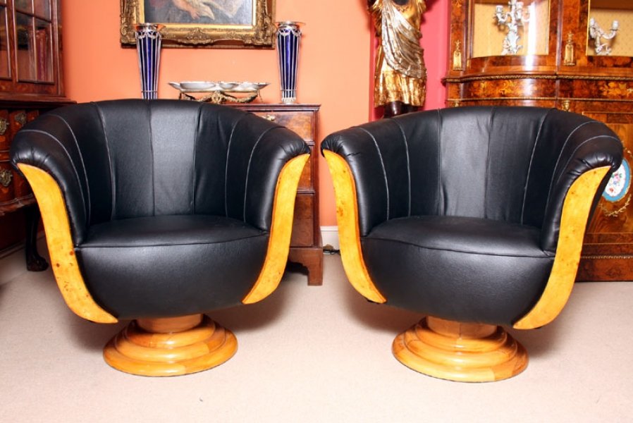 Pair Art Deco Black Leather & Birdseye Maple Armchairs | Ref. no. 01816 | Regent Antiques