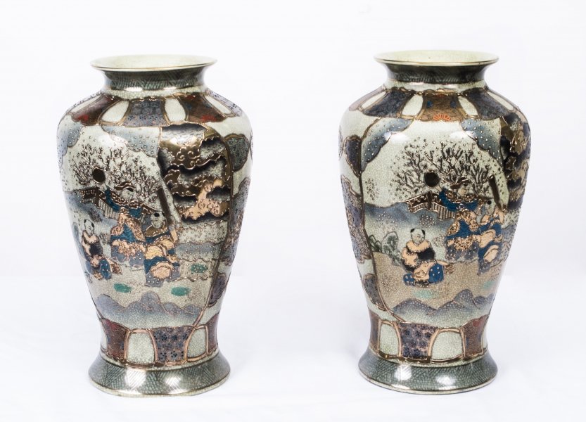 Pair Japanese Satsuma Hand Painted Porcelain Vases | Ref. no. 02110 | Regent Antiques