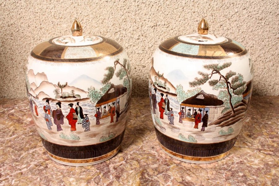 Pair Japanese Satsuma Hand Painted Porcelain Vases | Ref. no. 02123 | Regent Antiques