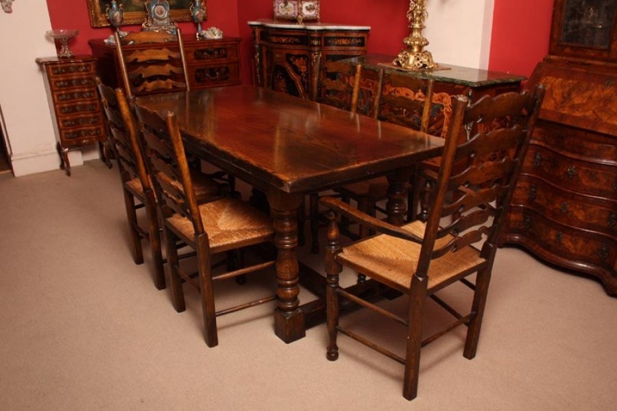 Vintage solid oak refectory dining table & 6 chairs | Ref. no. 02156 | Regent Antiques