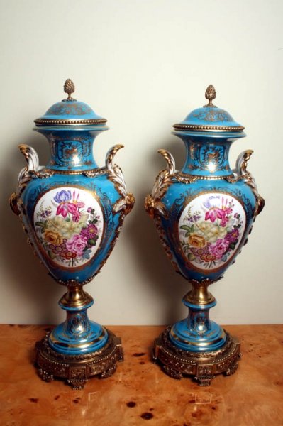 Large Pair Hand Painted Azure Blue Porcelain Vases | Ref. no. 02280 | Regent Antiques