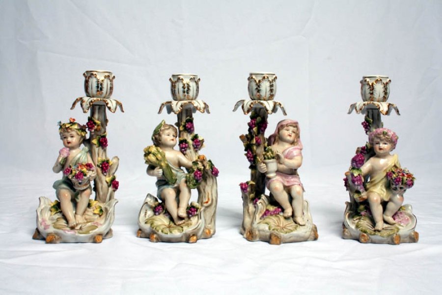 Four Seasons German Dresden Porcelain Candlesticks | Ref. no. 02391 | Regent Antiques