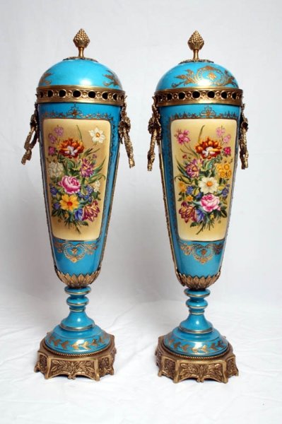 Amazing Pair Celeste Bleu Hand Painted Porcelain Vases | Ref. no. 02395 | Regent Antiques