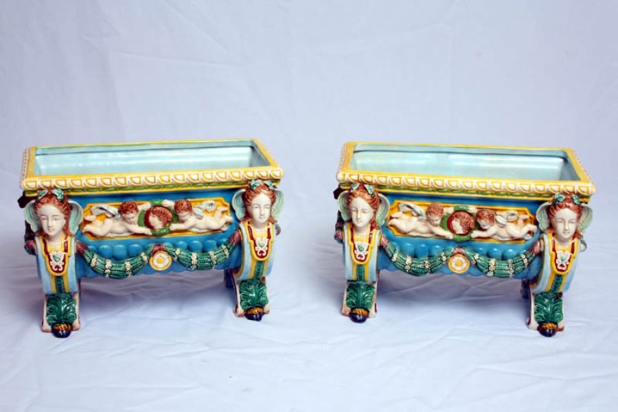 Pair Hand Painted Minton Style Majolica Jardinieres | Ref. no. 02397 | Regent Antiques