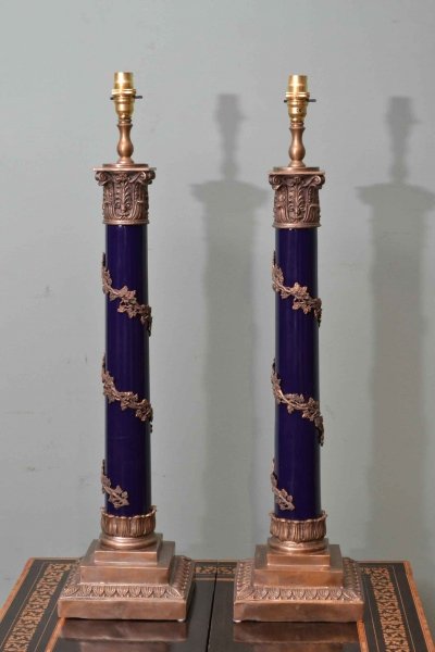Pair Corinthian Column Regency Lamp Stands Dark Blue | Ref. no. 02399b | Regent Antiques