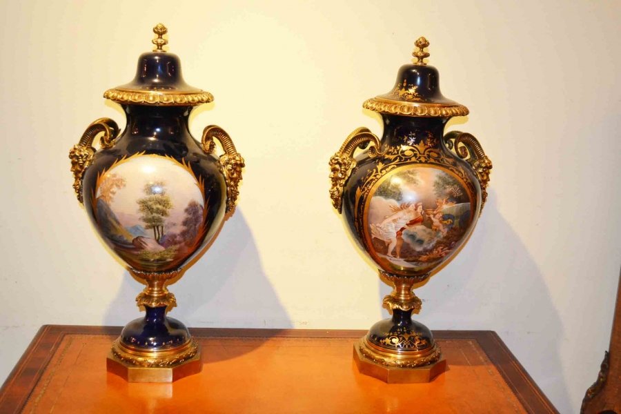 Pair French Blue Hand Painted Sevres Porcelain Vases | Ref. no. 02714 | Regent Antiques