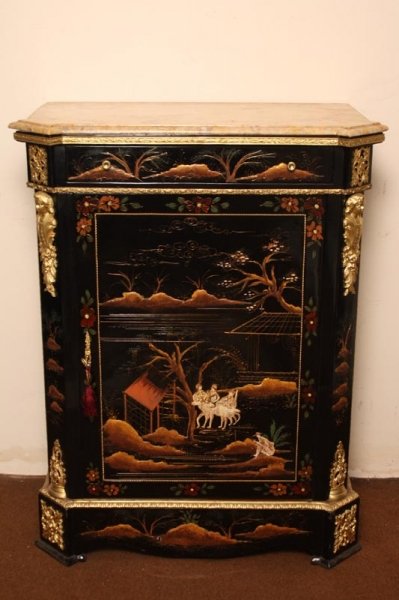 Stunning Chinoiserie Black Laquered Cabinet Marble Top | Ref. no. 02730 | Regent Antiques