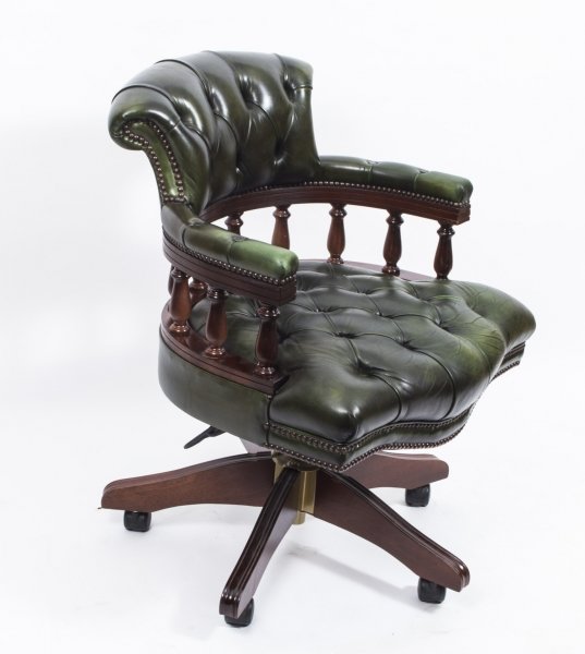 Bespoke English Hand Made Leather Captains Desk Chair Olive Green | Ref. no. 02839 | Regent Antiques