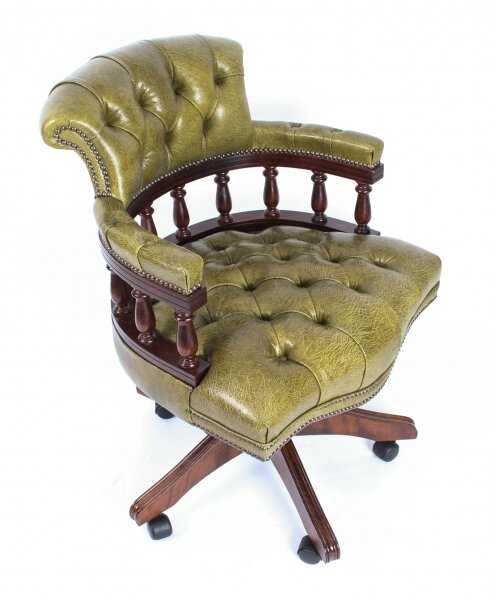 Bespoke English Hand Made Leather Captains Desk Chair Murano Leaf Green | Ref. no. 02839e | Regent Antiques