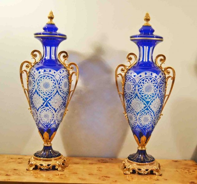 Stunning Pair Huge Blue Cut Glass Vases Ormolu Mounts | Ref. no. 03108 | Regent Antiques