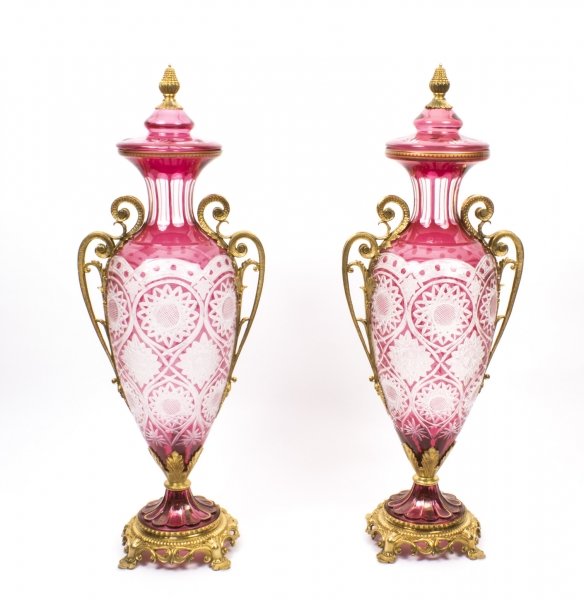 Pair Pink Sunburst Cut Crystal Glass Vases Ormolu Mounts | Ref. no. 03109 | Regent Antiques