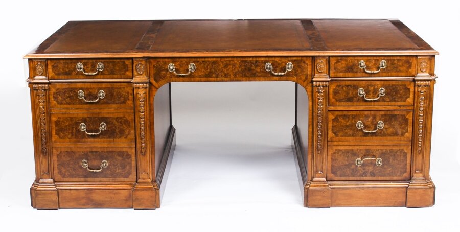 Vintage Victorian Revival Burr Walnut Partners Pedestal Desk 20th C | Ref. no. 03242 | Regent Antiques