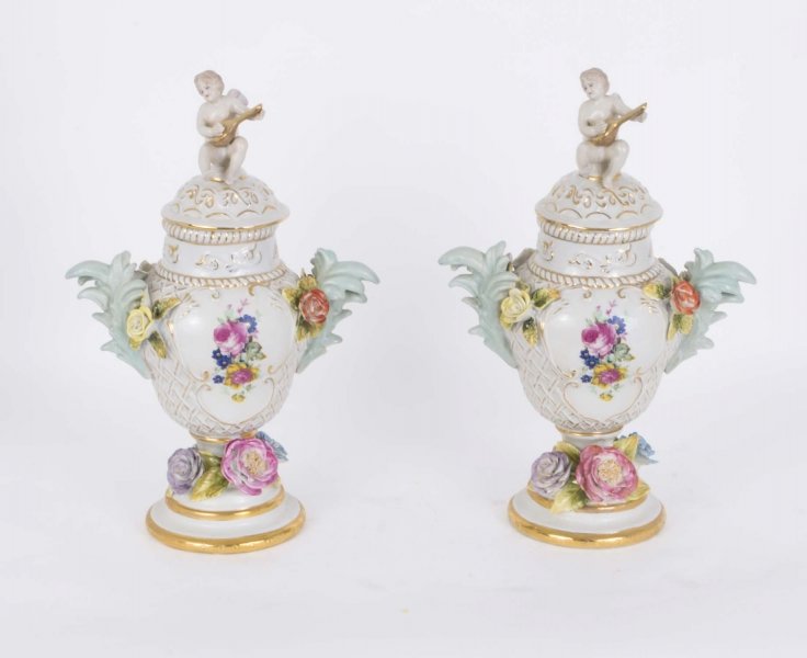 Superb Pair Hand Painted Dresden Style Porcelain Vases | Ref. no. 03882 | Regent Antiques