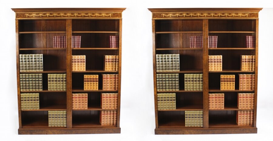 Bespoke Pair Sheraton Revival Inlaid Walnut Open Bookcases | Ref. no. 04067d | Regent Antiques