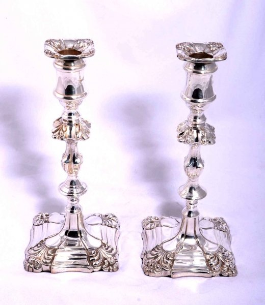 Pair Queen Anne Style Silver Plate Candlesticks | Ref. no. 04129 | Regent Antiques