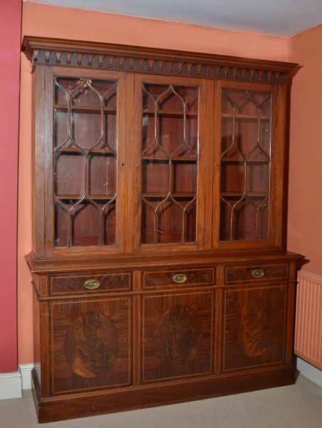 Antique Edwardian Flame Mahogany 3 door  Bookcase | Ref. no. 04182 | Regent Antiques