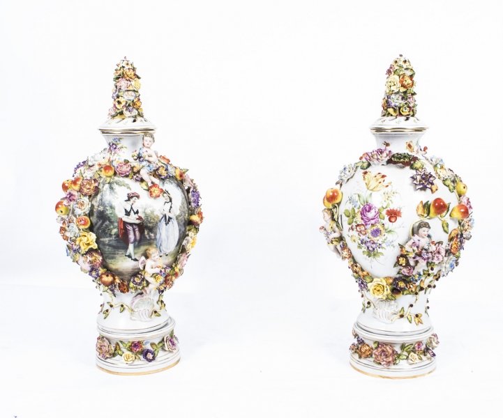 Lovely Pair Dresden Style Hand Painted Porcelain Vases | Ref. no. 04324 | Regent Antiques
