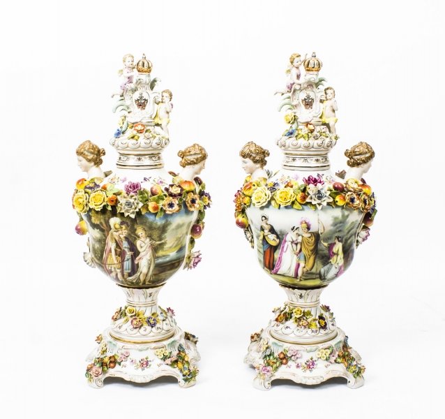 Pair Large Dresden Style Hand Painted Porcelain Vases | Ref. no. 04325 | Regent Antiques