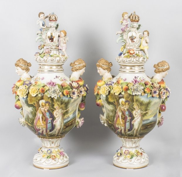 Pair Large Dresden Style Hand Painted Porcelain Vases | Ref. no. 04325b | Regent Antiques