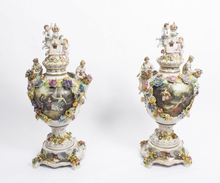 Pair Large Dresden Style Hand Painted Porcelain Vases 20thC | Ref. no. 04327a | Regent Antiques