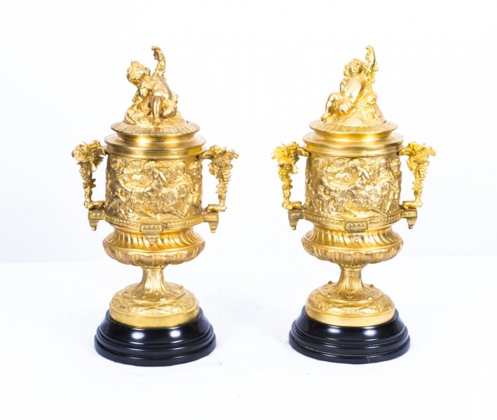 Stunning Pair Gilded Bronze Cherub Lidded Vases Urns | Ref. no. 04511a | Regent Antiques