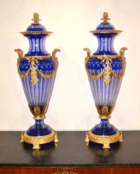 Stunning Pair Huge Blue Cut Glass Vases Ormolu Mounts | Ref. no. 05241 | Regent Antiques