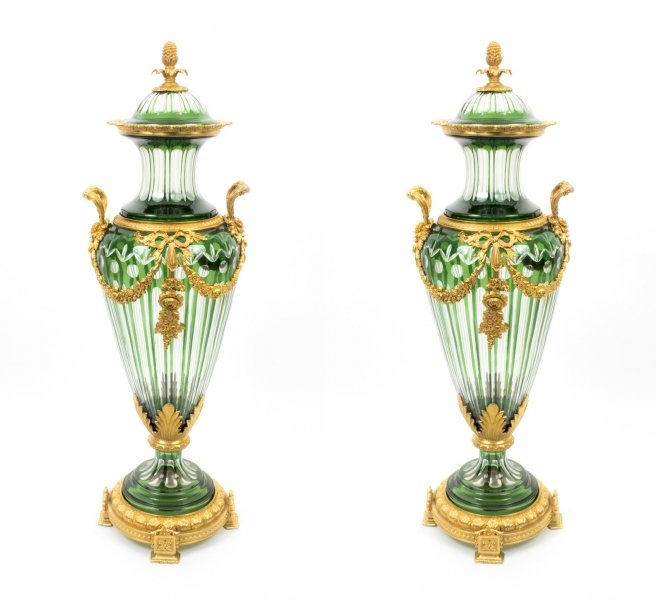 Pair Large Green Cut  Crystal Glass Vases Ormolu Mounts | Ref. no. 05243 | Regent Antiques