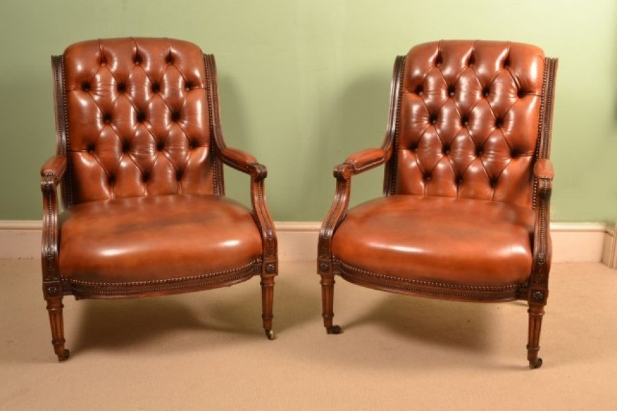Antique Pair French Walnut Leather Armchairs c.1880 | Ref. no. 05338a | Regent Antiques