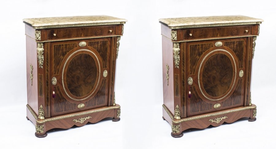 Pair Victorian Style Burr Walnut Marble top side cabinets | Ref. no. 05427 | Regent Antiques