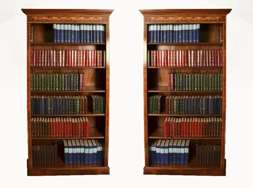 Vintage Pair Sheraton Style Burr Walnut Open Bookcases Late 20th C | Ref. no. 05519a | Regent Antiques