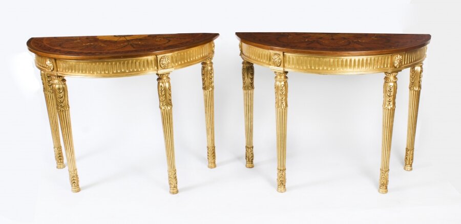 Vintage Pair Giltwood Half Moon Marquetry Console Tables 20th C | Ref. no. 05769 | Regent Antiques