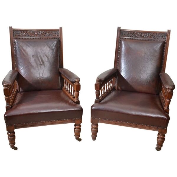 Antique Pair of English Walnut Leather Armchairs 19th C | Ref. no. 05822x | Regent Antiques