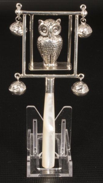 Sterling Silver & Mother of Pearl Owl Baby\'s Rattle | Ref. no. 06073 | Regent Antiques