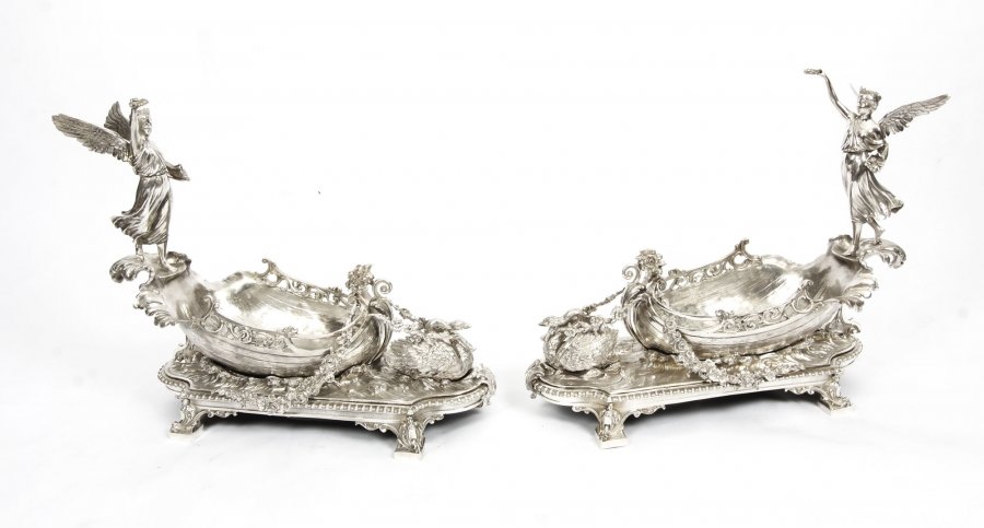 Stunning Pair of Silver Plated Winged Lady Boat Centrepieces 20th C | Ref. no. 06086b | Regent Antiques