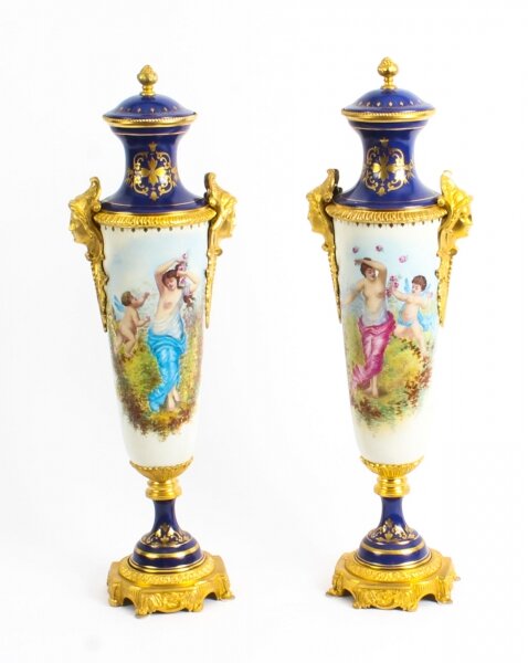Pair Sevres Style Painted Royal Blue Porcelain Vases | Ref. no. 06276 | Regent Antiques