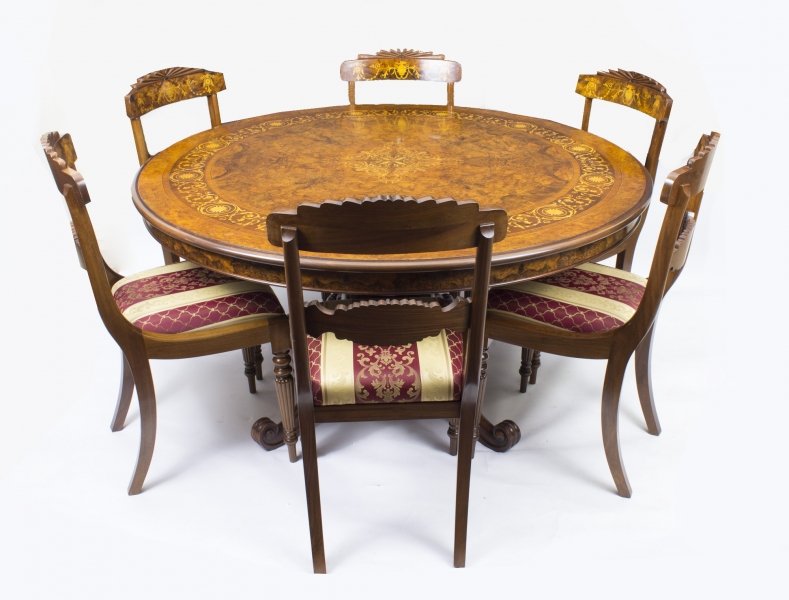 Vintage 5ft diam Burr Walnut Marquetry Table & 6 Chairs | Ref. no. 06332a | Regent Antiques