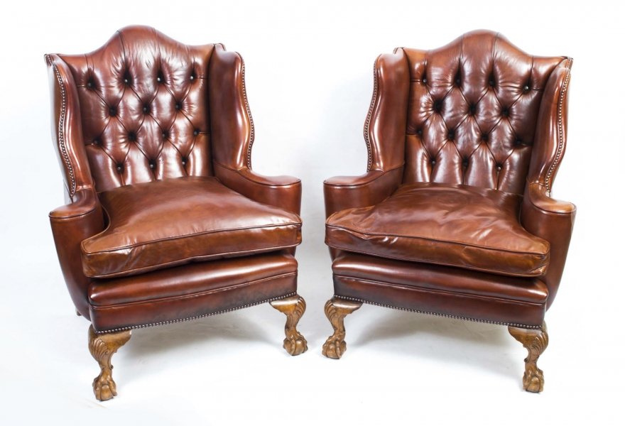 Antique Pair English Leather Wingback Armchairs c.1900 | Ref. no. 06557 | Regent Antiques