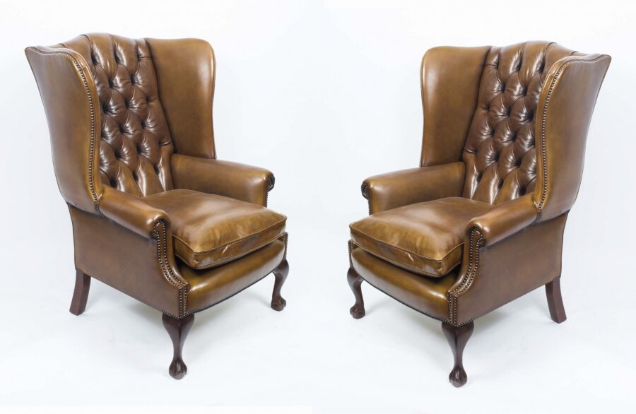 Bespoke Pair Leather Chippendale Wingback Armchairs Saddle | Ref. no. 06566c | Regent Antiques