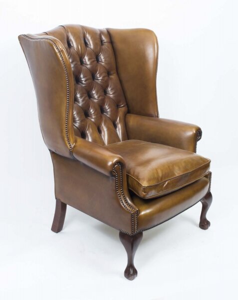 Bespoke Leather Chippendale Wingback Chair Armchair yellow tan | Ref. no. 06566d | Regent Antiques