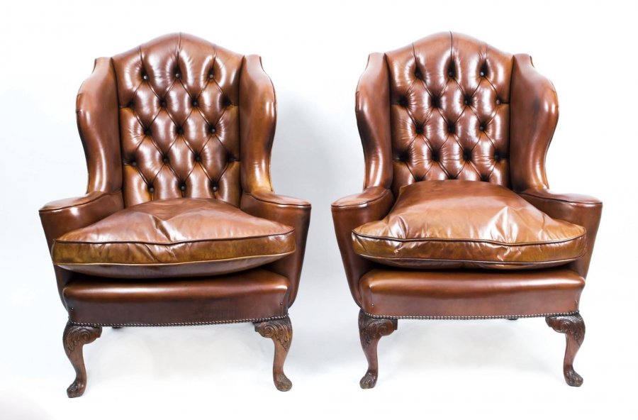 Antique Pair English Leather Wingback Armchairs c.1900 | Ref. no. 06669 | Regent Antiques