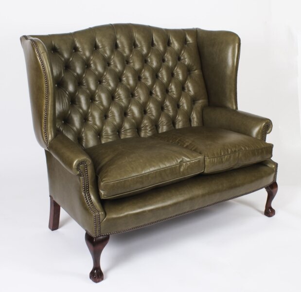 Bespoke English Leather Chippendale Club Settee Sofa Alga Green | Ref. no. 06770g | Regent Antiques