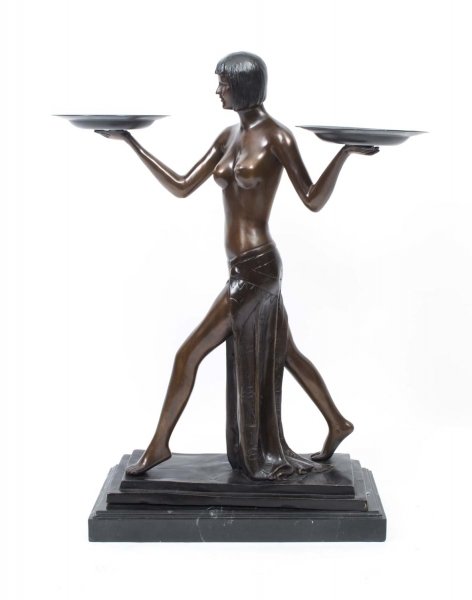 Stunning Large Art Deco Bronze Biba Lady with Platters | Ref. no. 06796 | Regent Antiques