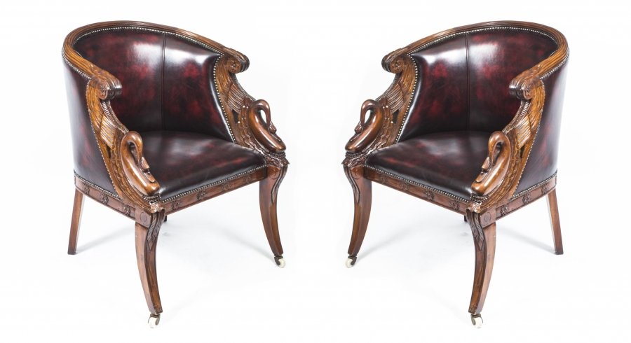 Vintage Pair Empire  Mahogany Leather Tub  Armchairs | Ref. no. 06929 | Regent Antiques
